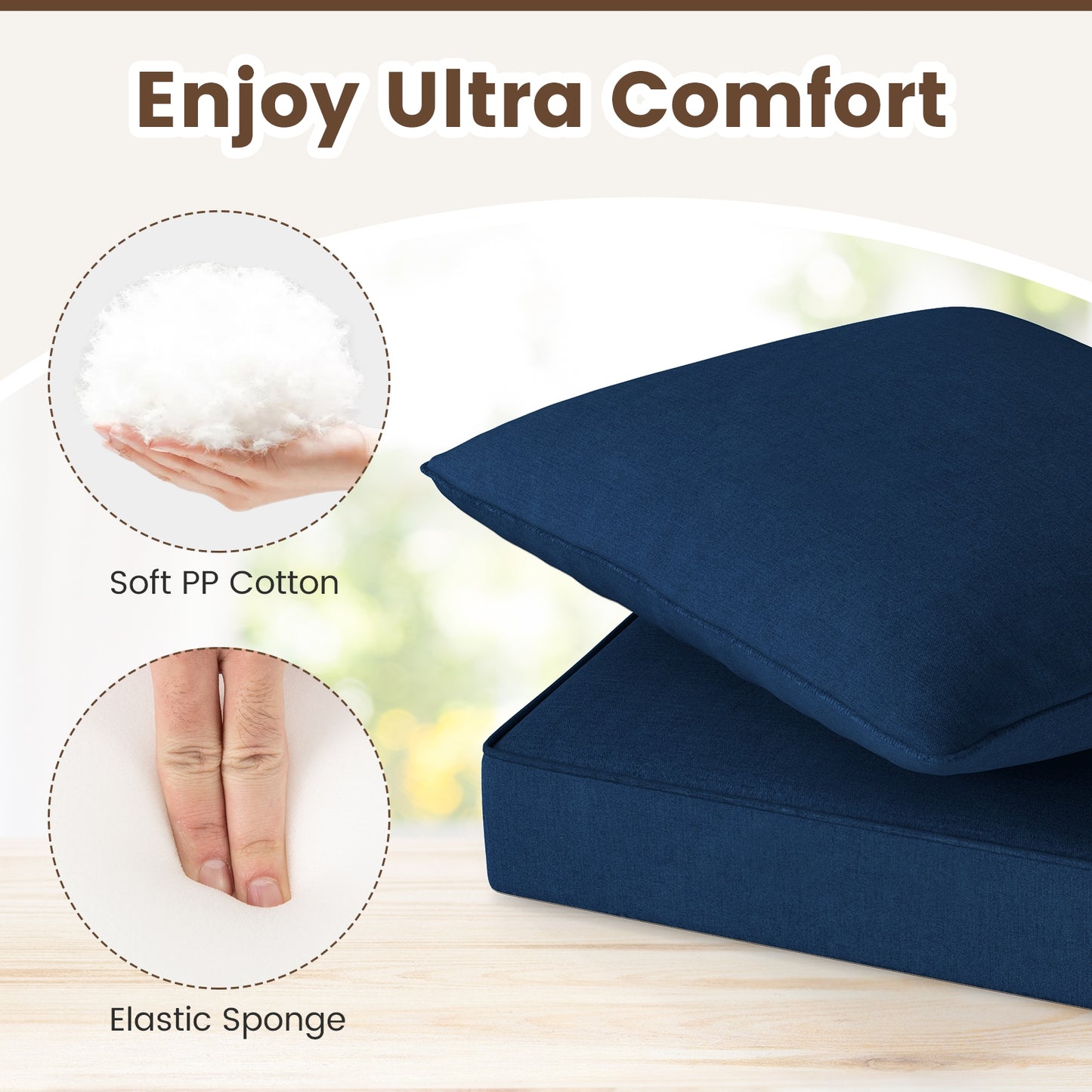 Deep Seat Chair Cushion Pads Set with Rope Belts for Indoor and Outdoor-Blue