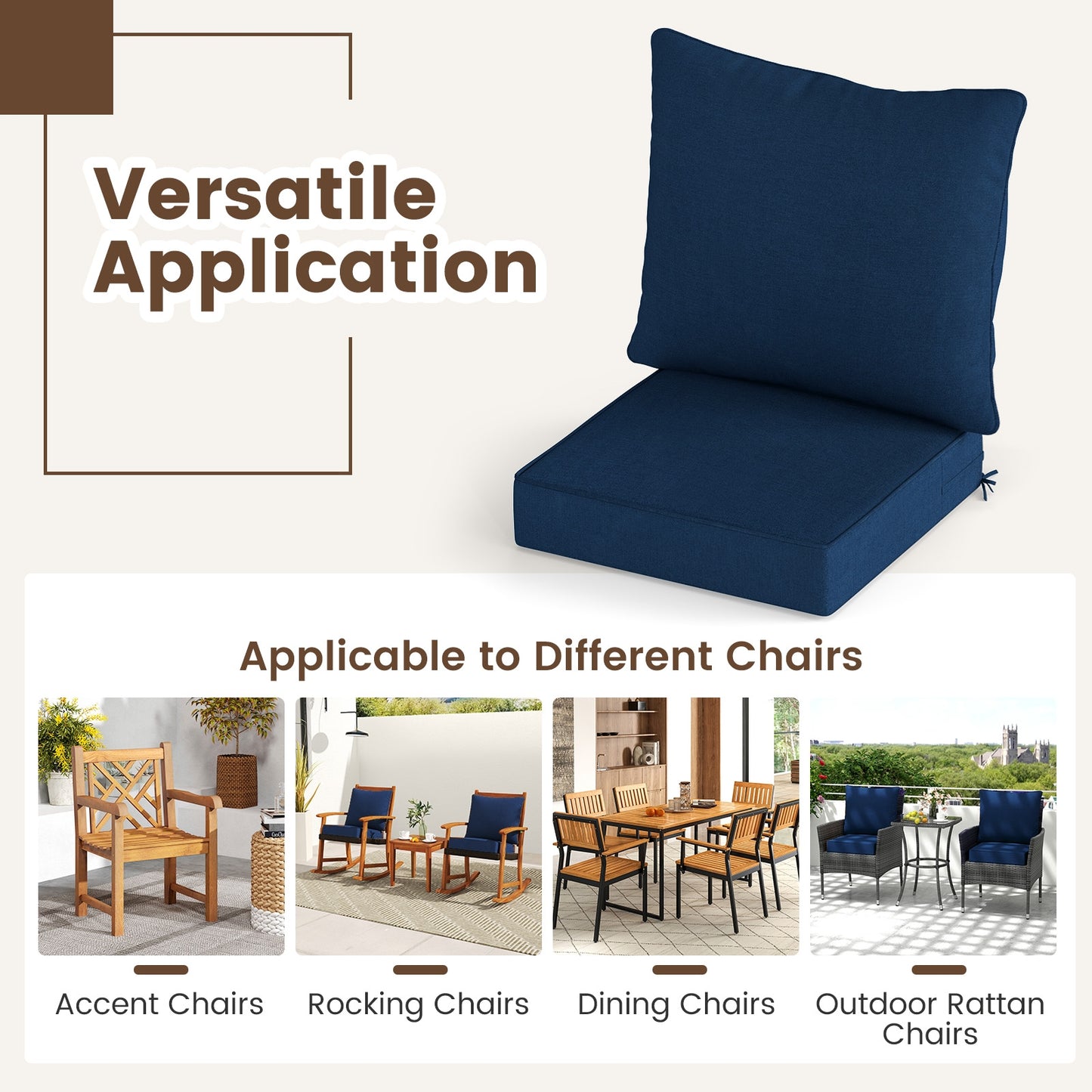 Deep Seat Chair Cushion Pads Set with Rope Belts for Indoor and Outdoor-Blue