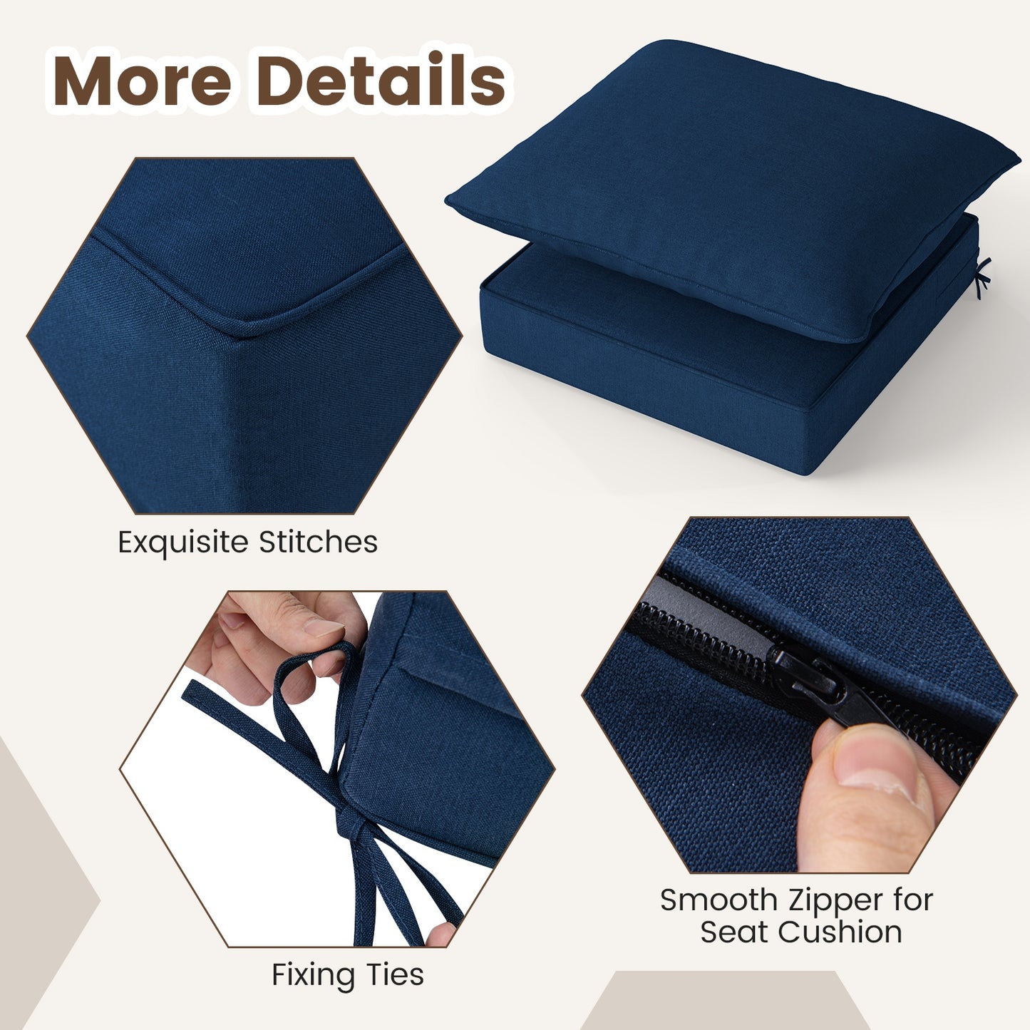 Deep Seat Chair Cushion Pads Set with Rope Belts for Indoor and Outdoor-Blue