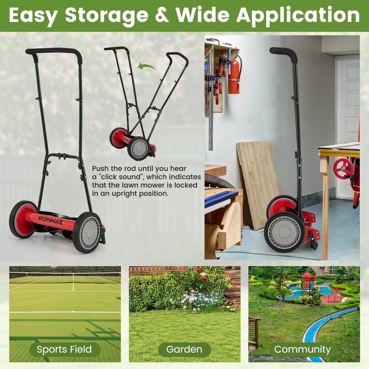 16 Inch Push Lawn Mower with 5 Steel Blades and Grass Catcher Bag-Red