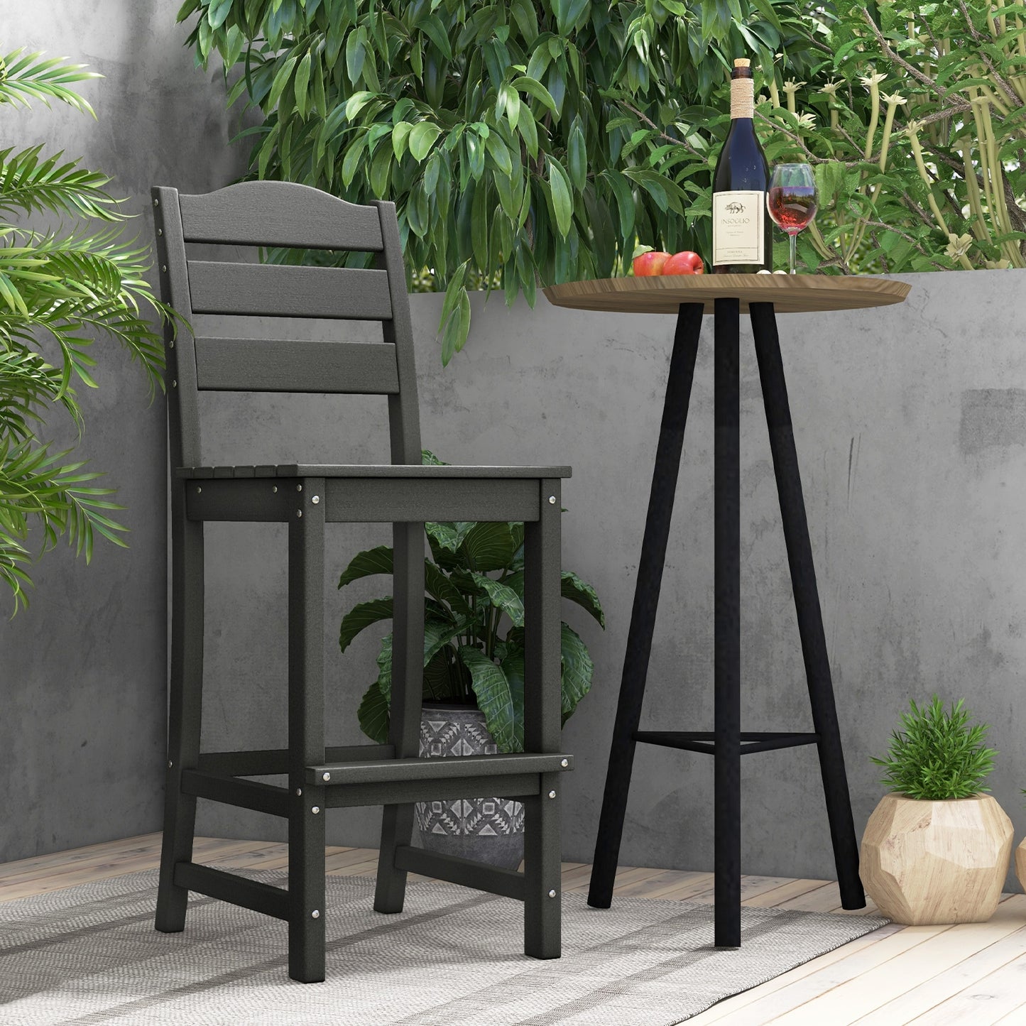 30 Inches Counter Height HDPE Bar Stool with Backrest and Footrest-Black