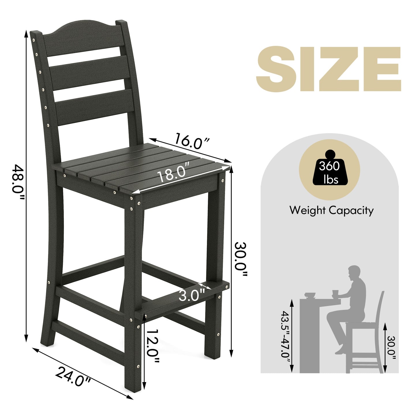 30 Inches Counter Height HDPE Bar Stool with Backrest and Footrest-Black
