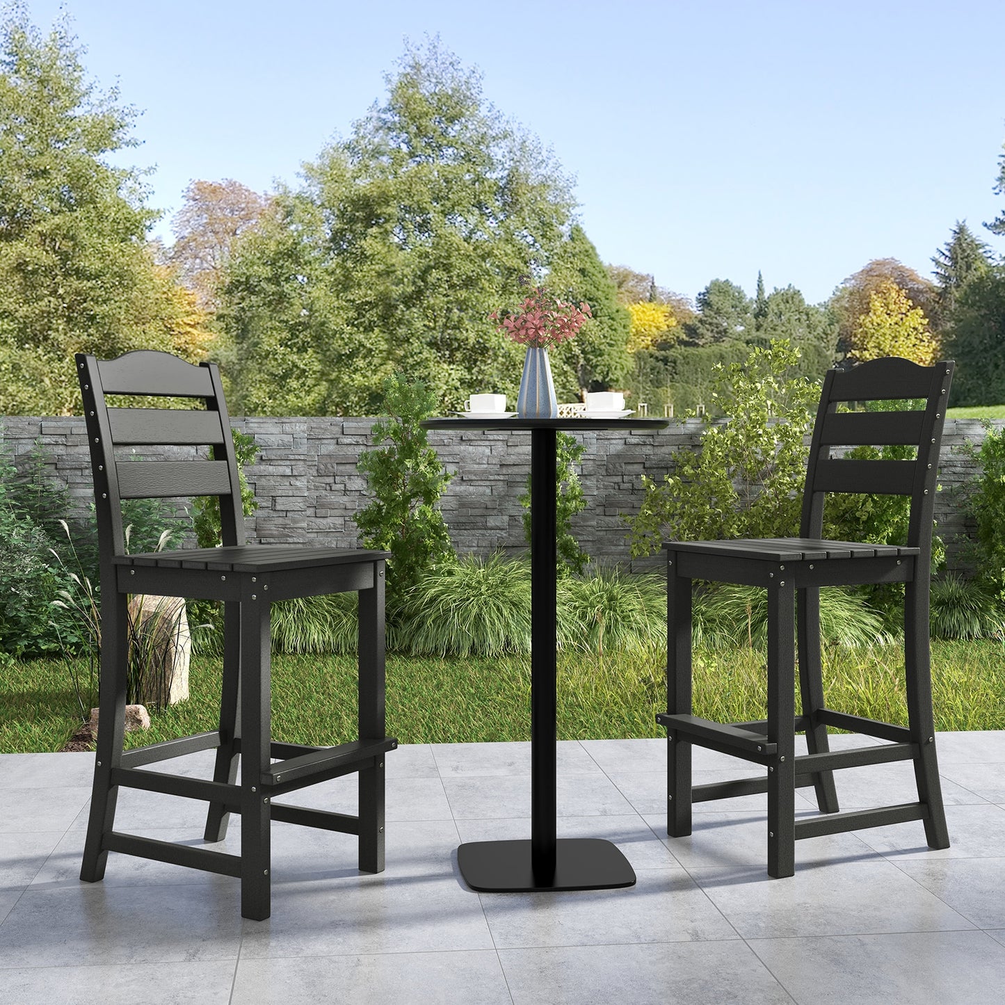 30 Inches Counter Height HDPE Bar Stool with Backrest and Footrest-Black