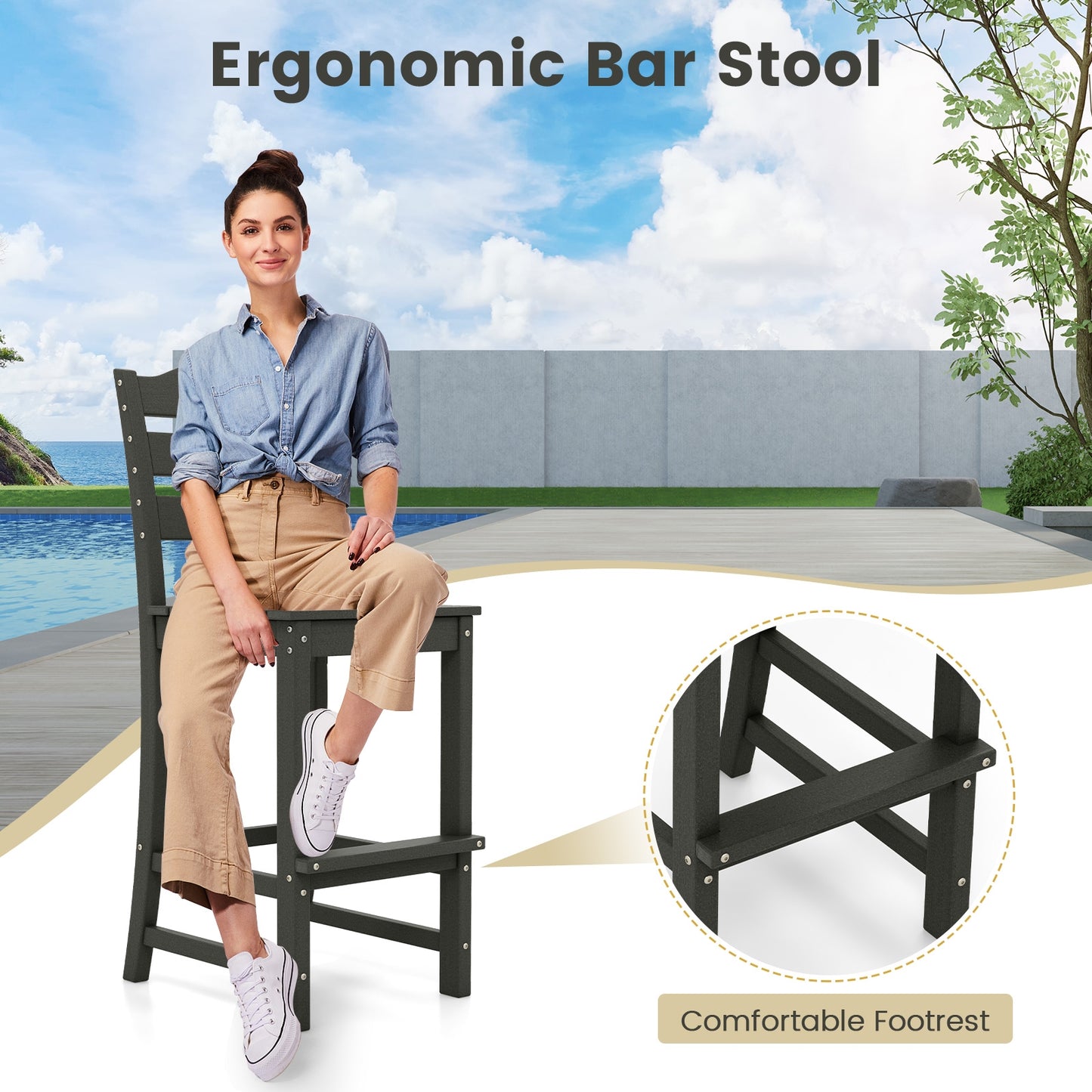 30 Inches Counter Height HDPE Bar Stool with Backrest and Footrest-Black