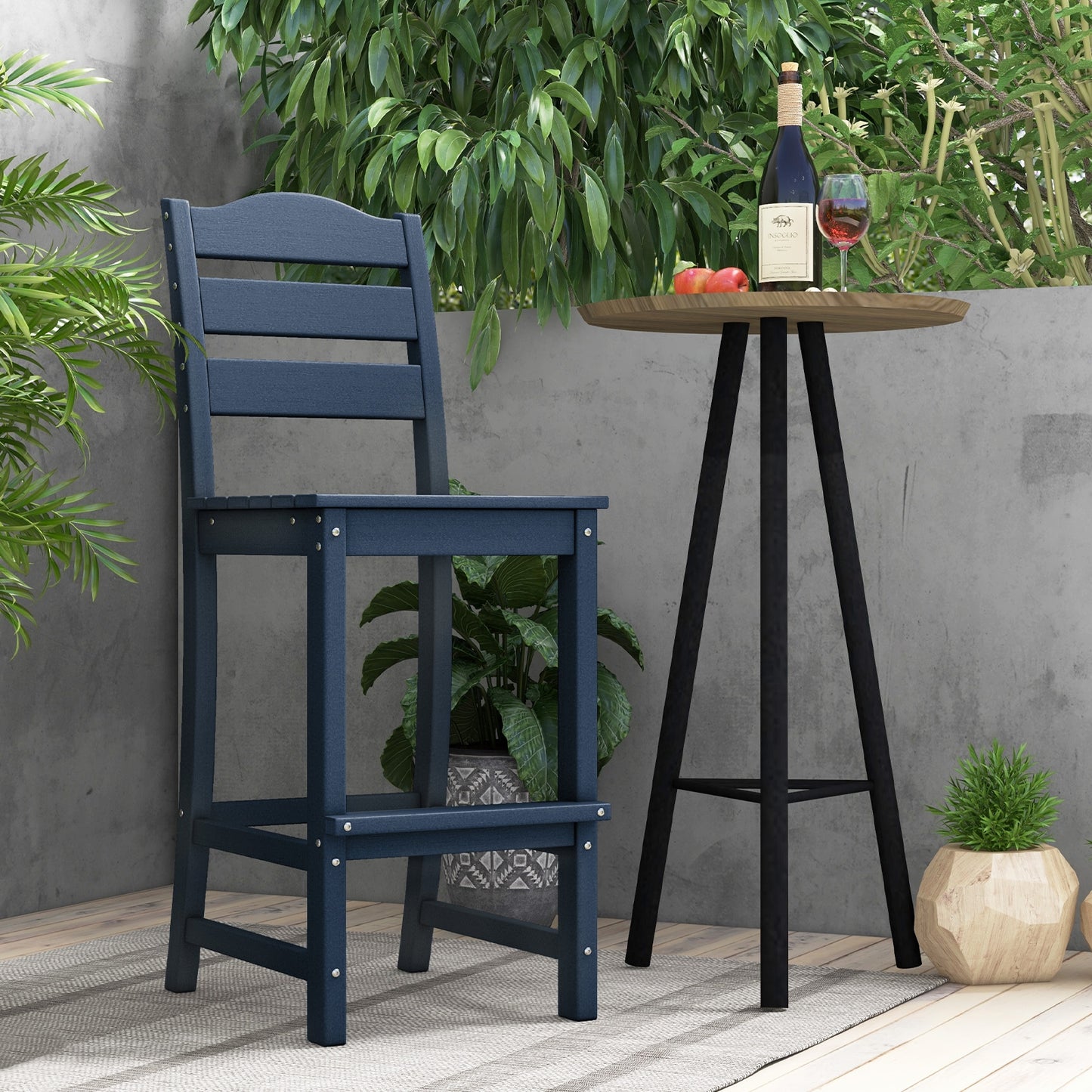 30 Inches Counter Height HDPE Bar Stool with Backrest and Footrest-Navy