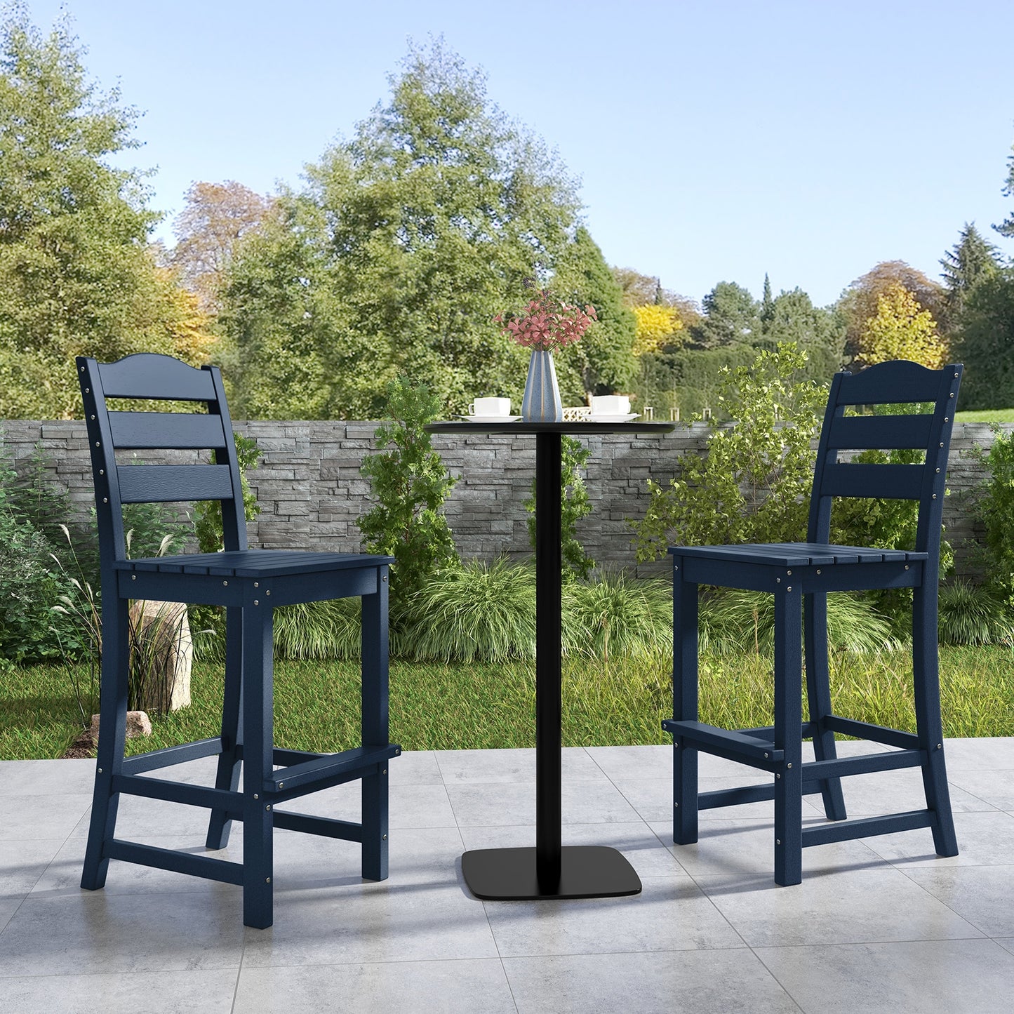 30 Inches Counter Height HDPE Bar Stool with Backrest and Footrest-Navy