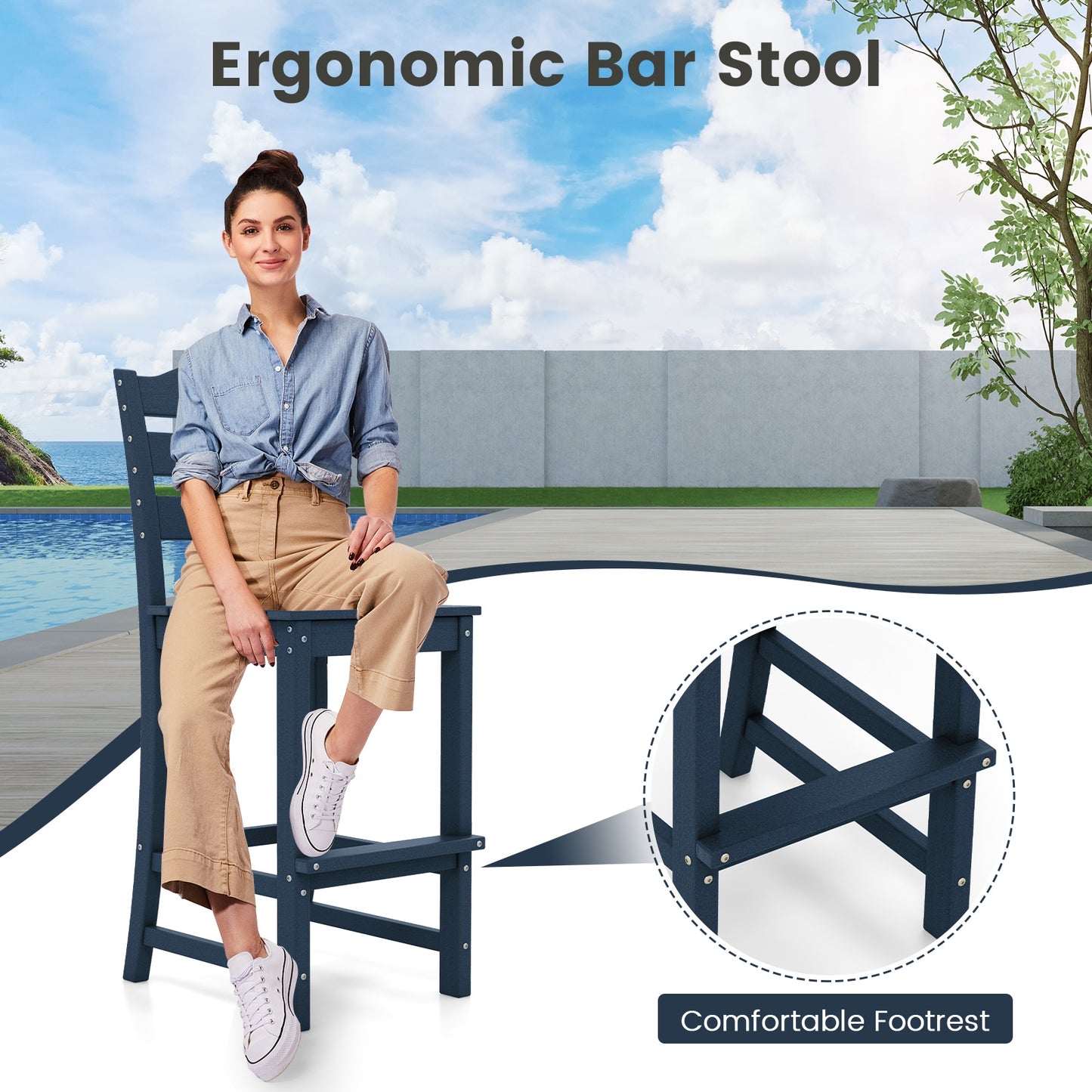30 Inches Counter Height HDPE Bar Stool with Backrest and Footrest-Navy