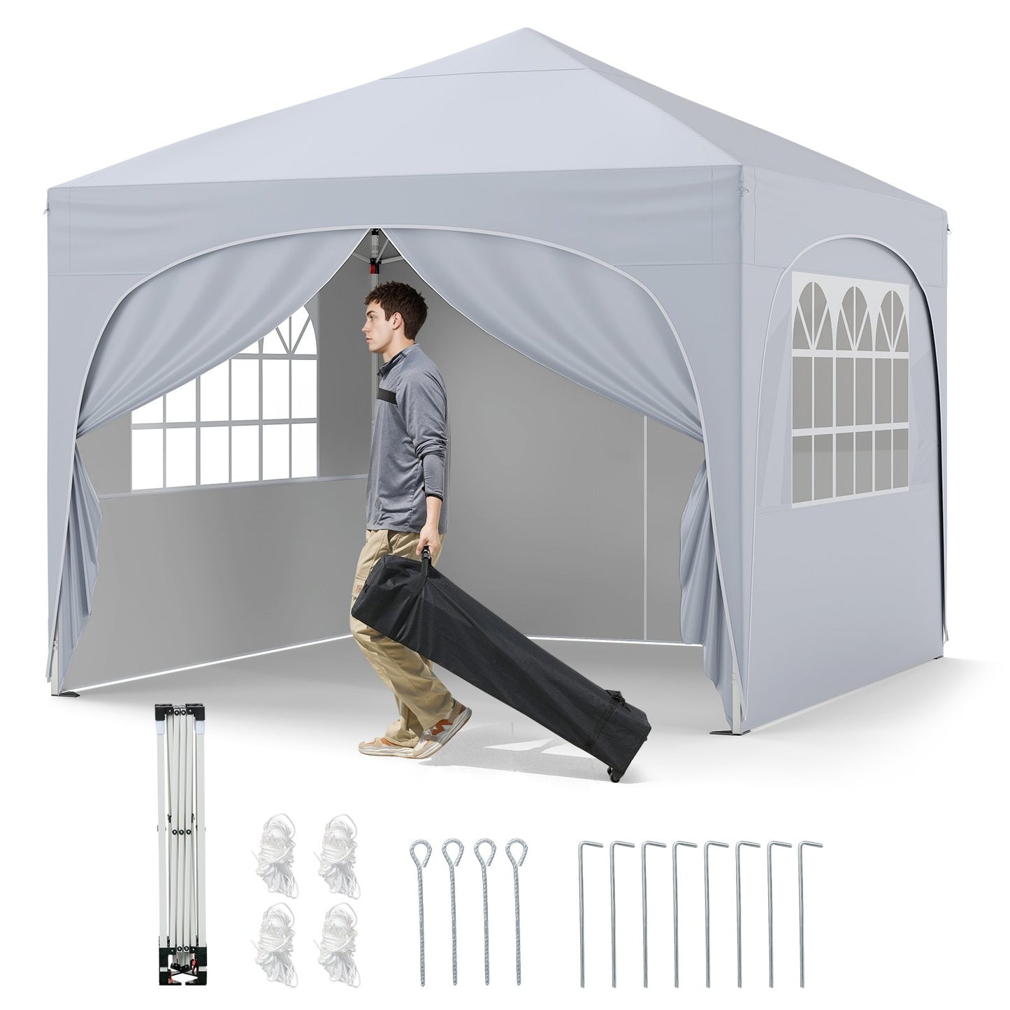 10 X 10 FT Pop up Canopy Tent with 4 Removable Sidewall-White