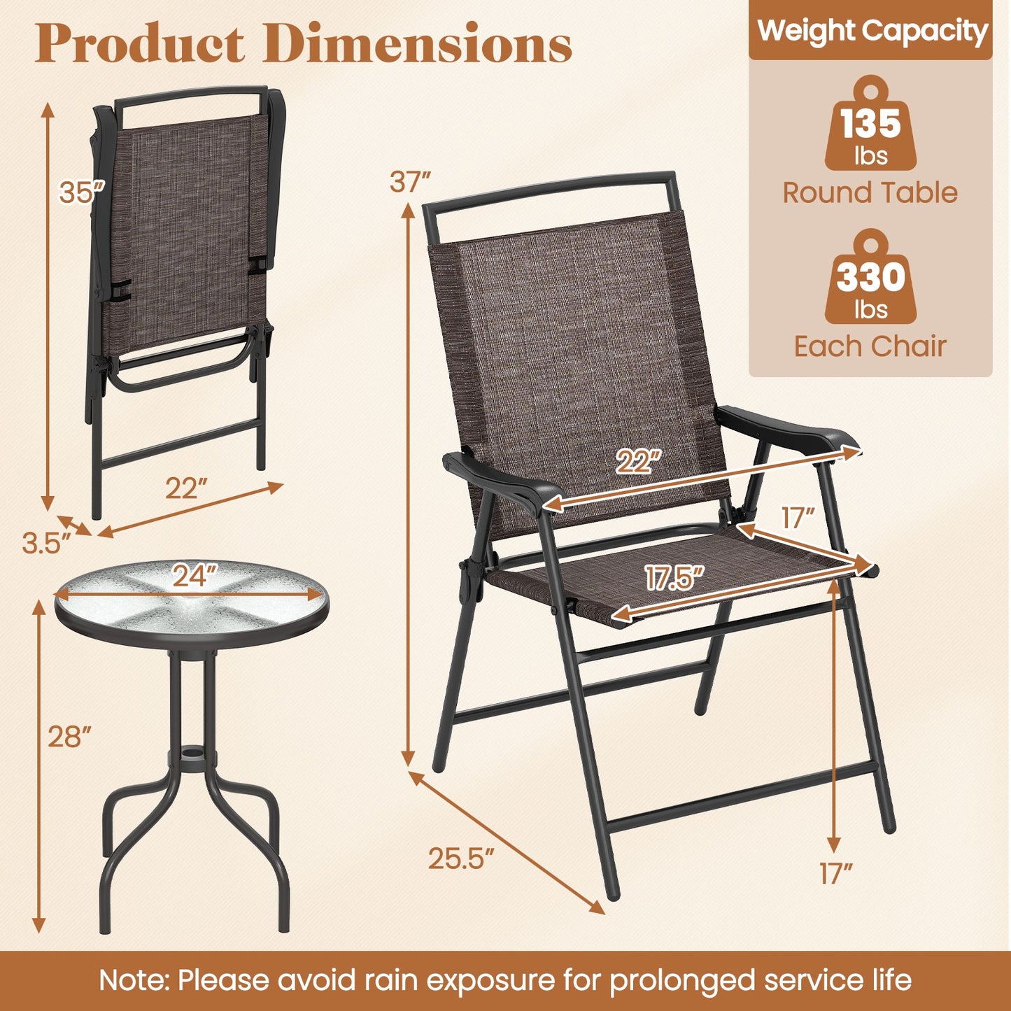 3 Pieces Patio Round Table and Folding Chairs Set with Rippled Tempered Glass Tabletop