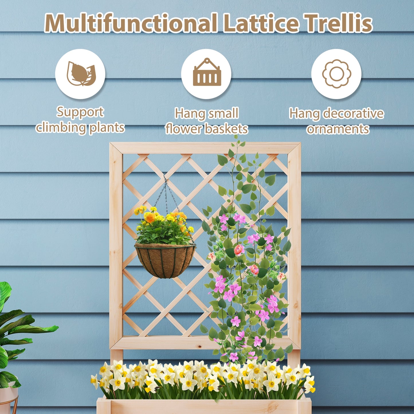 Raised Garden Bed Wooden Elevated Planter Box with Lattice Trellis-S