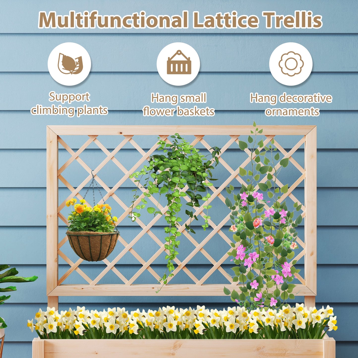 Raised Garden Bed Wooden Elevated Planter Box with Lattice Trellis-L