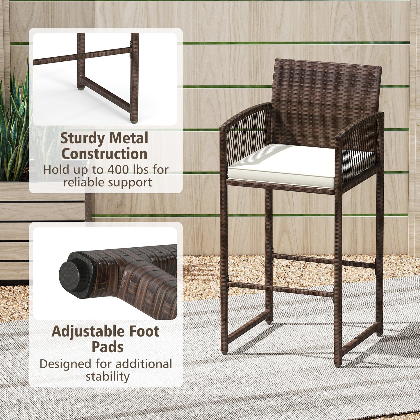 Outdoor PE Wicker Bar Stools Set of 2 Patio Bar Height Chairs with Cushions-White
