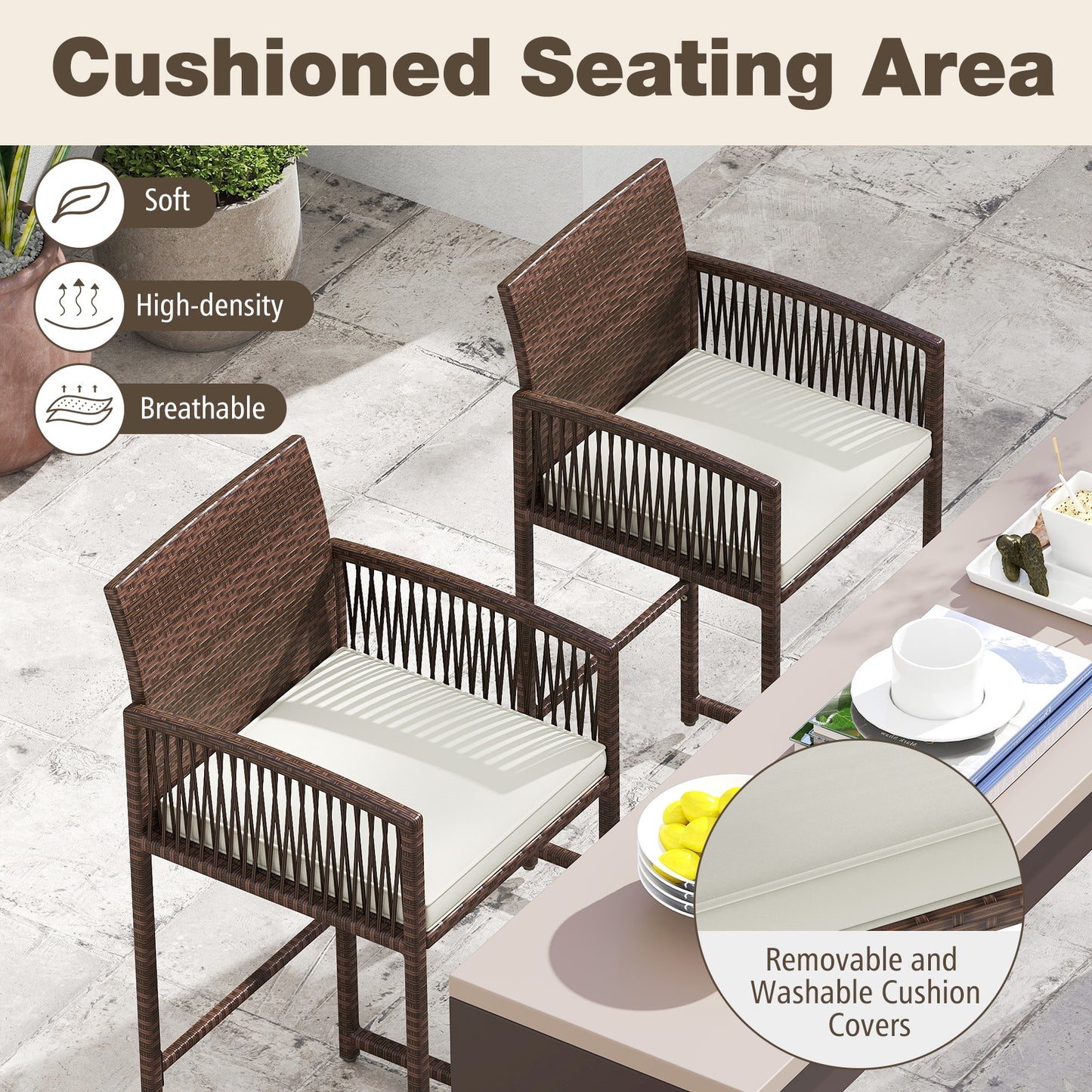 Outdoor PE Wicker Bar Stools Set of 2 Patio Bar Height Chairs with Cushions-White