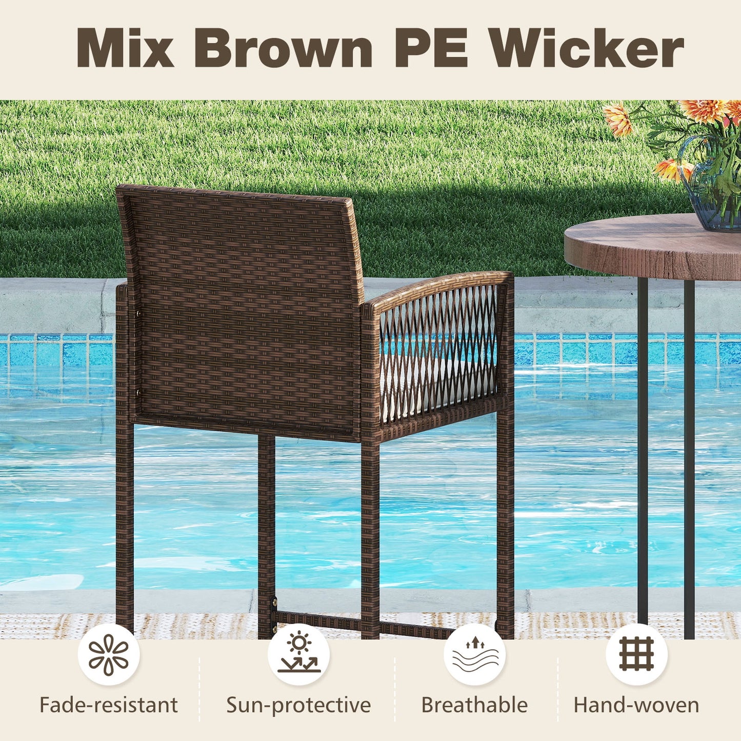 Outdoor PE Wicker Bar Stools Set of 2 Patio Bar Height Chairs with Cushions-White