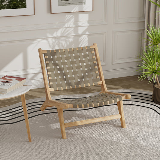 Modern Armless Teak Wood Lounge Chair with Nylon Woven Backrest and Seat-Brown