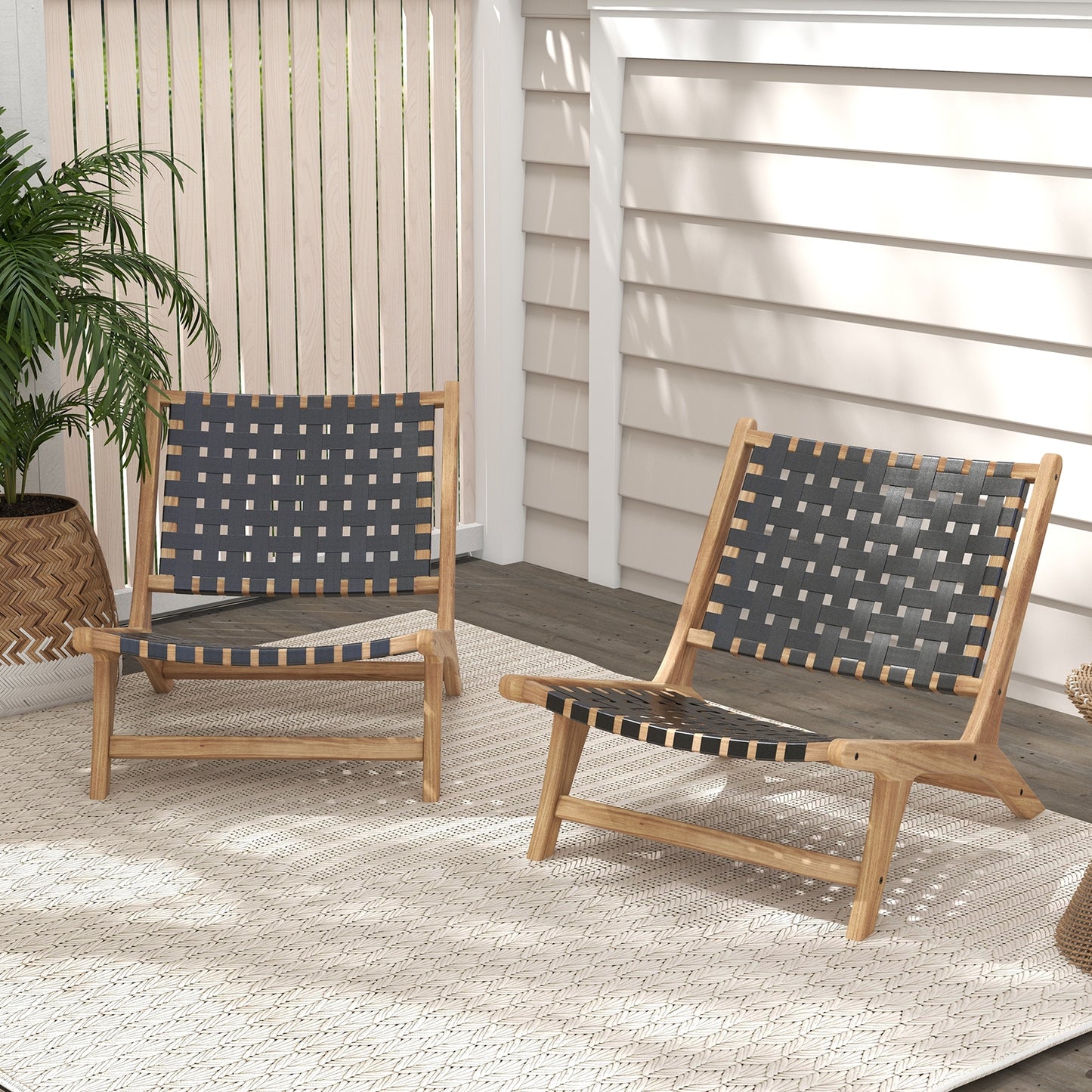 Modern Armless Teak Wood Lounge Chair with Nylon Woven Backrest and Seat-Black