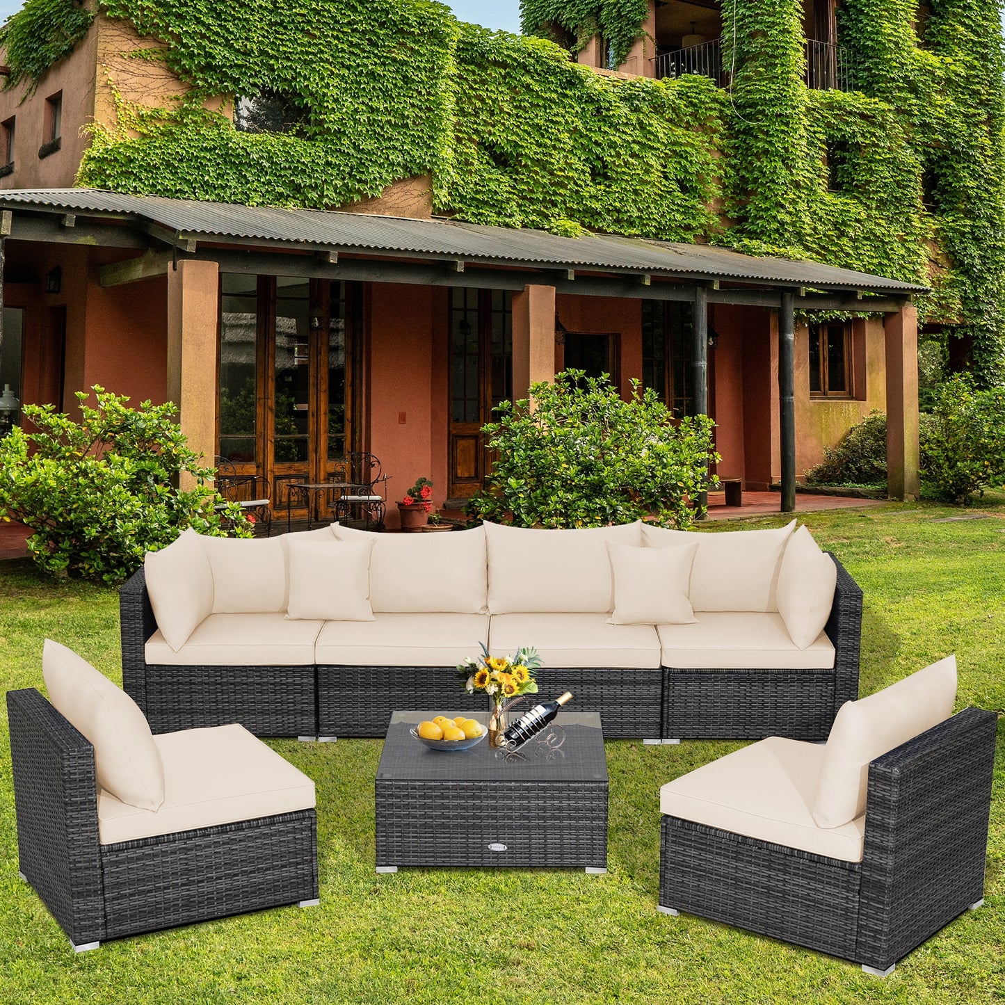 7 Pieces Patio Rattan Furniture Set with Sectional Sofa Cushioned-Beige
