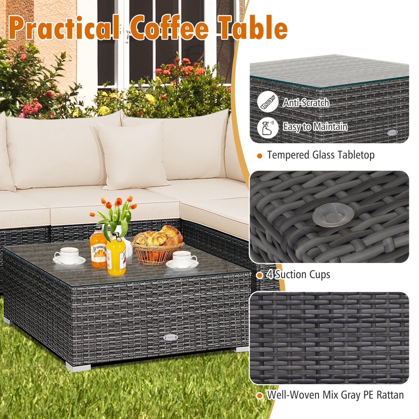 7 Pieces Patio Rattan Furniture Set with Sectional Sofa Cushioned-Beige