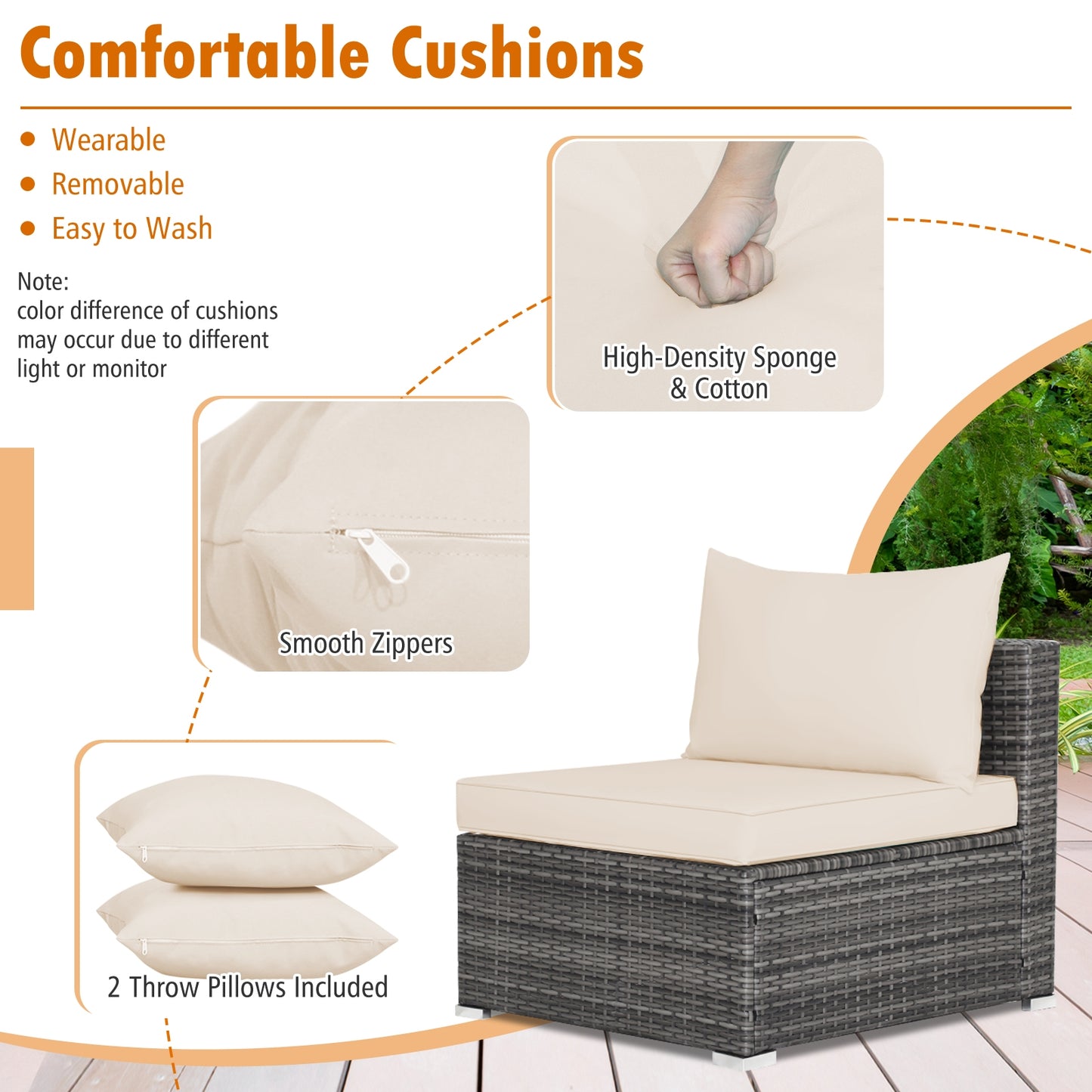 7 Pieces Patio Rattan Furniture Set with Sectional Sofa Cushioned-Beige