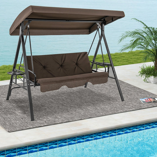 Convertible 3-Seat Patio Porch Swing Chair to Flat Bed with Adjustable Canopy-Brown