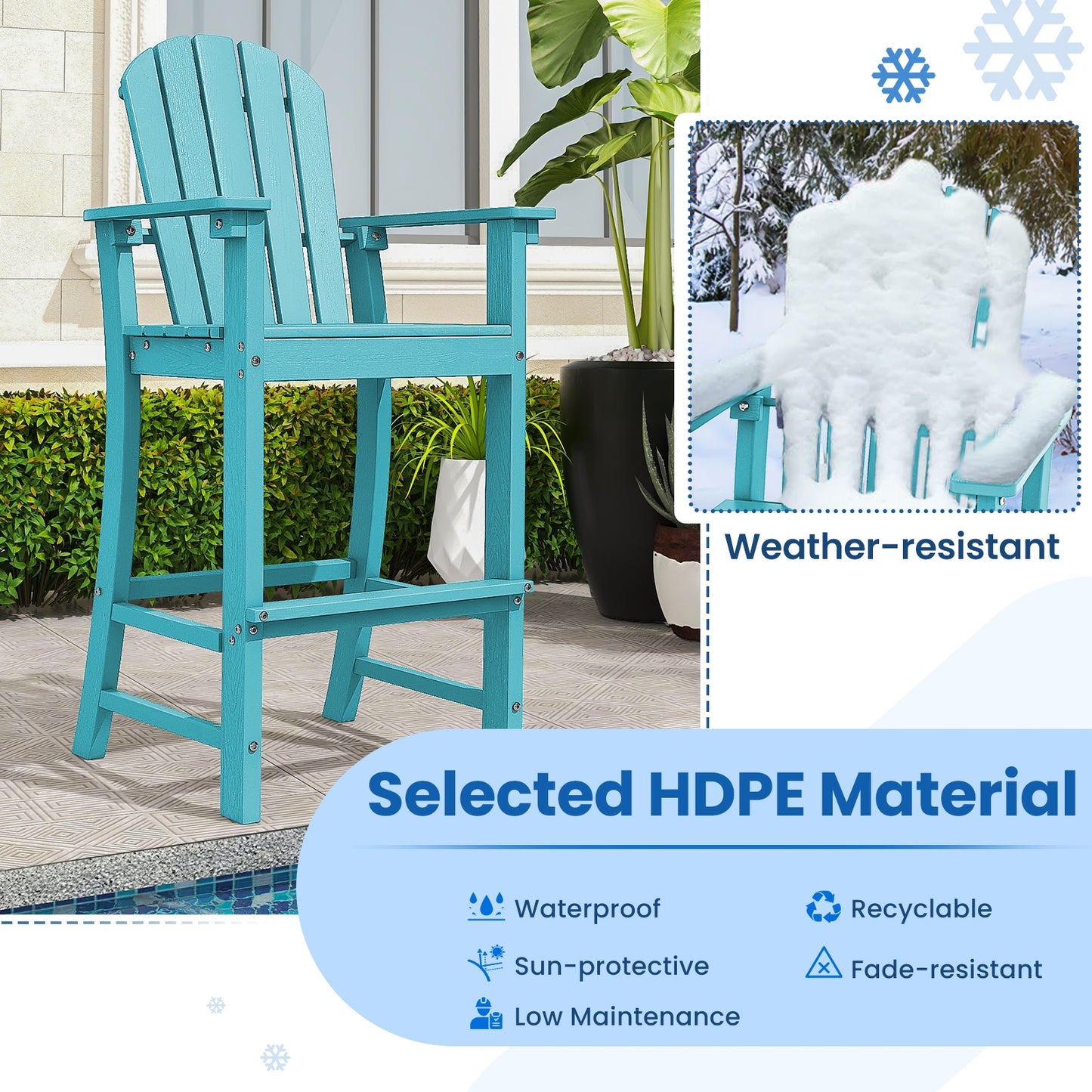 30 Inches Counter Height Outdoor HDPE Bar Stool with Armrests and Footrest-Turquoise