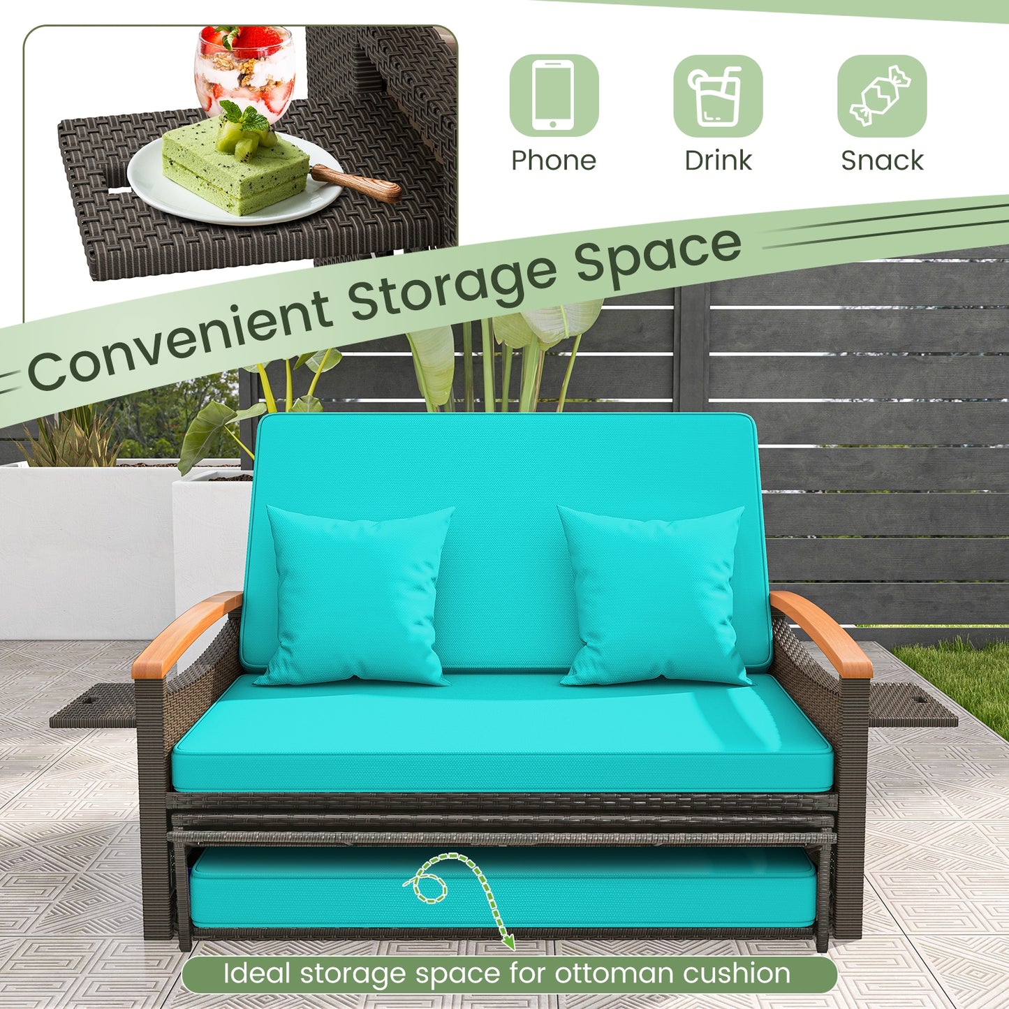 Outdoor Wicker Daybed with Folding Panels and Storage Ottoman-Green