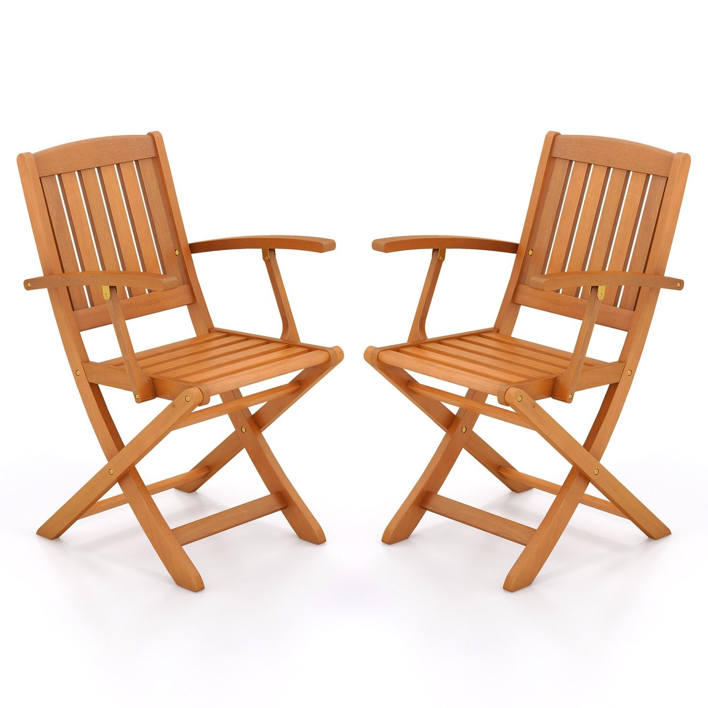 Patio Wood Folding Chair Set of 2 with Armrests and Slatted Seat