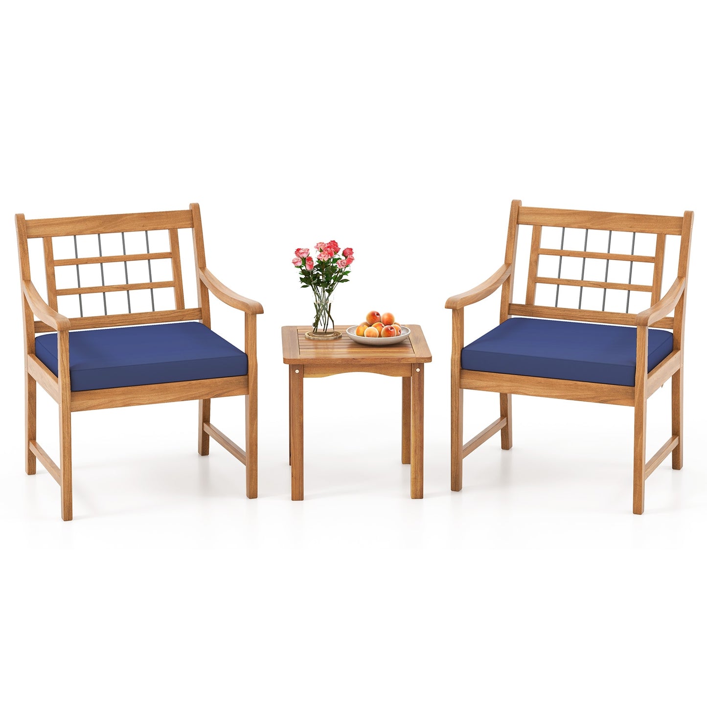 3 Piece Wood Patio Furniture Set with Seat Cushions and Acacia Wood Frame-Navy