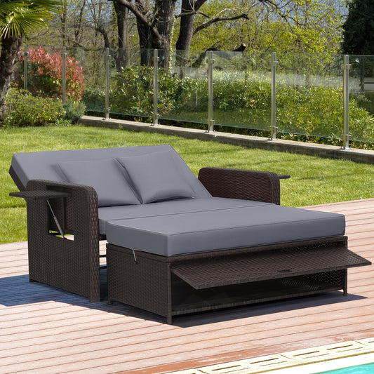 Patio Rattan Daybed with 4-Level Adjustable Backrest and Retractable Side Tray-Gray