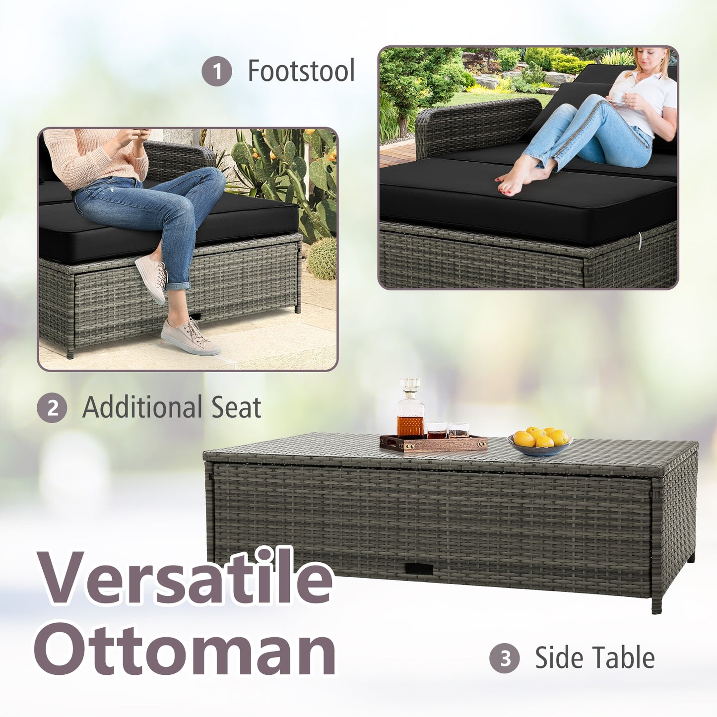 Patio Wicker Loveseat Sofa with Multipurpose Ottoman and Retractable Side Tray-Black