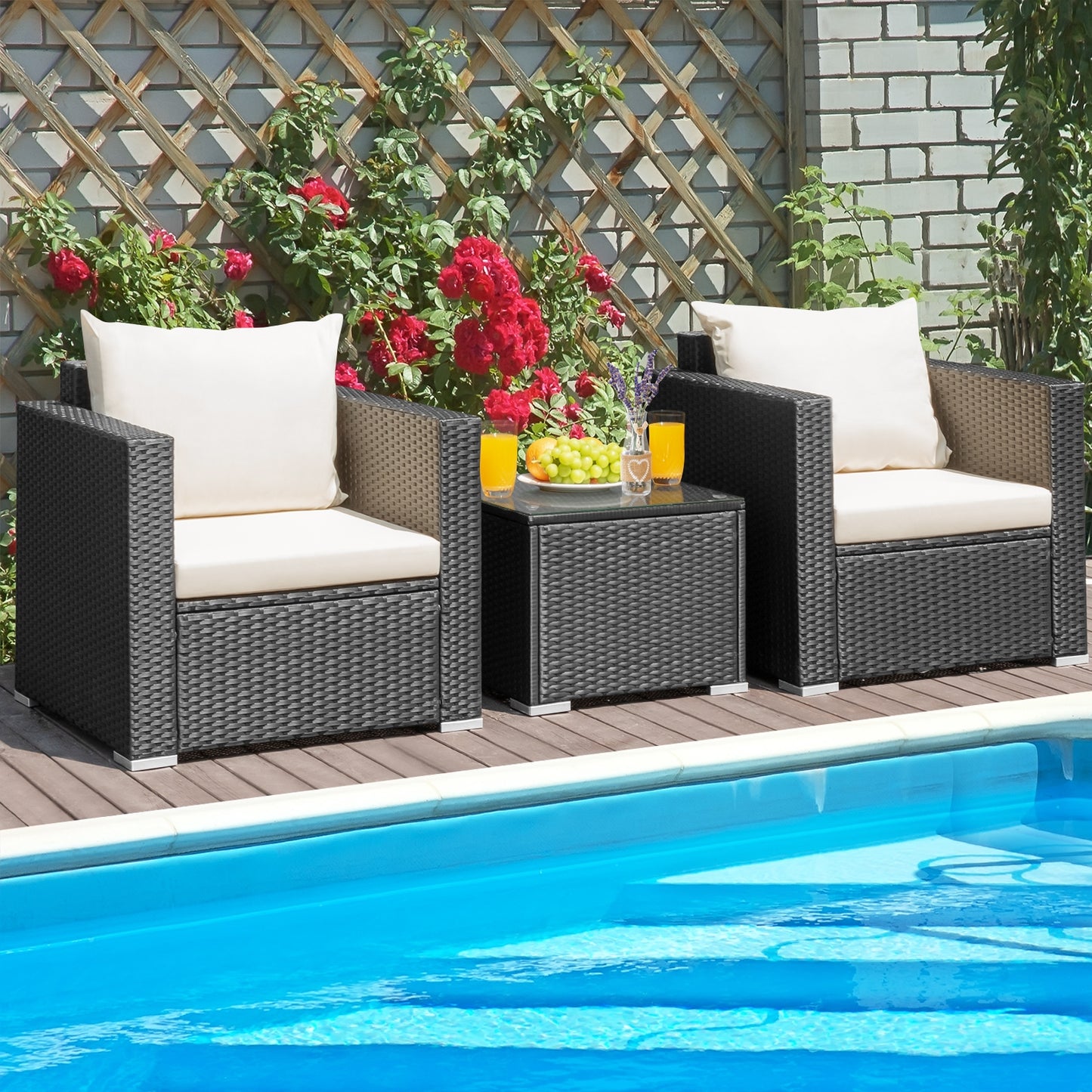 3 Pieces Patio wicker Furniture Set with Cushion-White