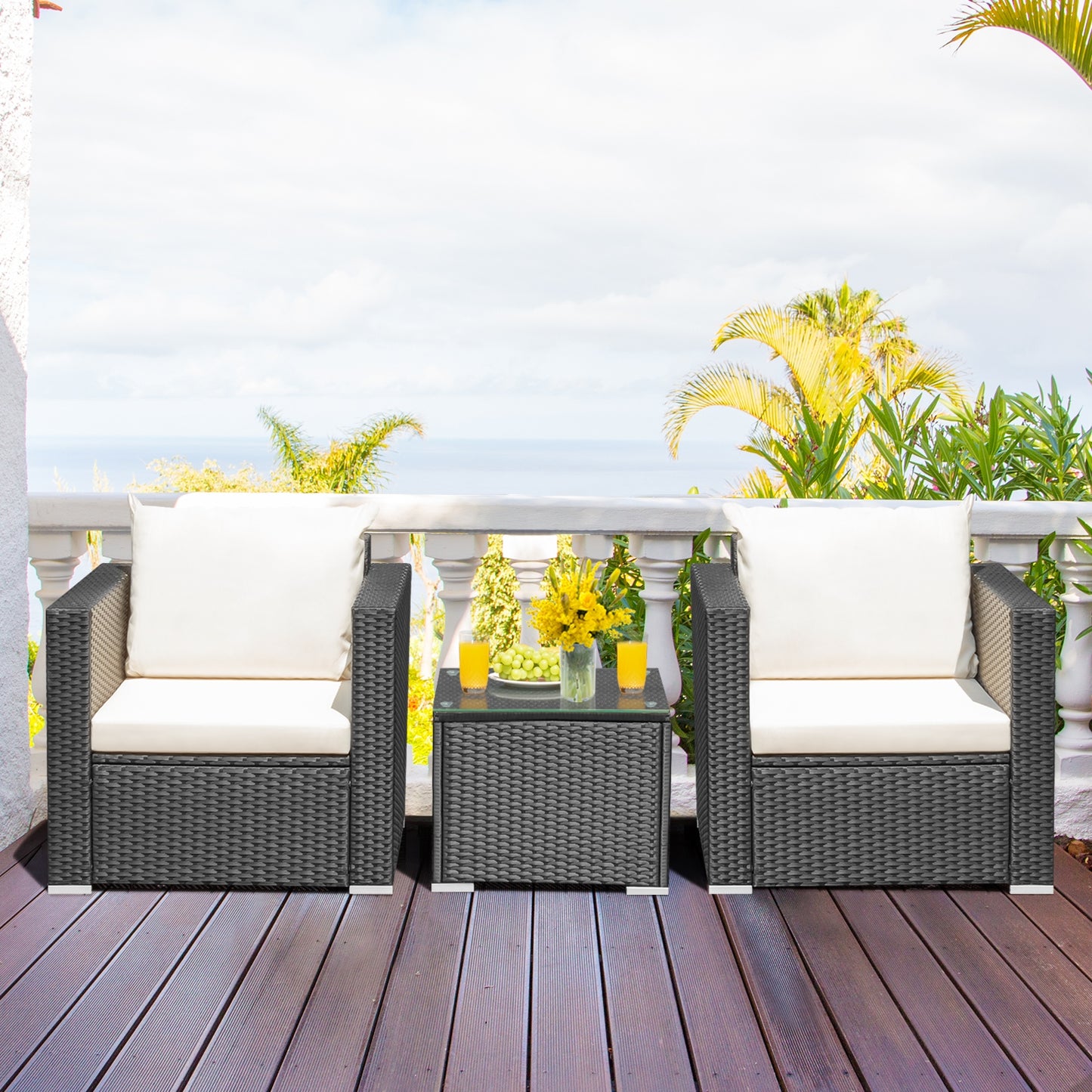 3 Pieces Patio wicker Furniture Set with Cushion-White