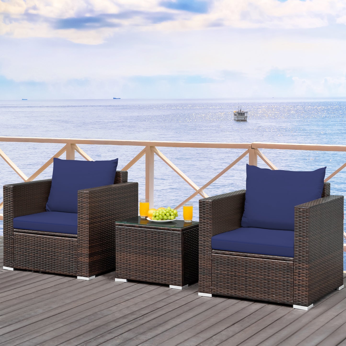 3 Pcs Patio Conversation Rattan Furniture Set with Cushion-Blue