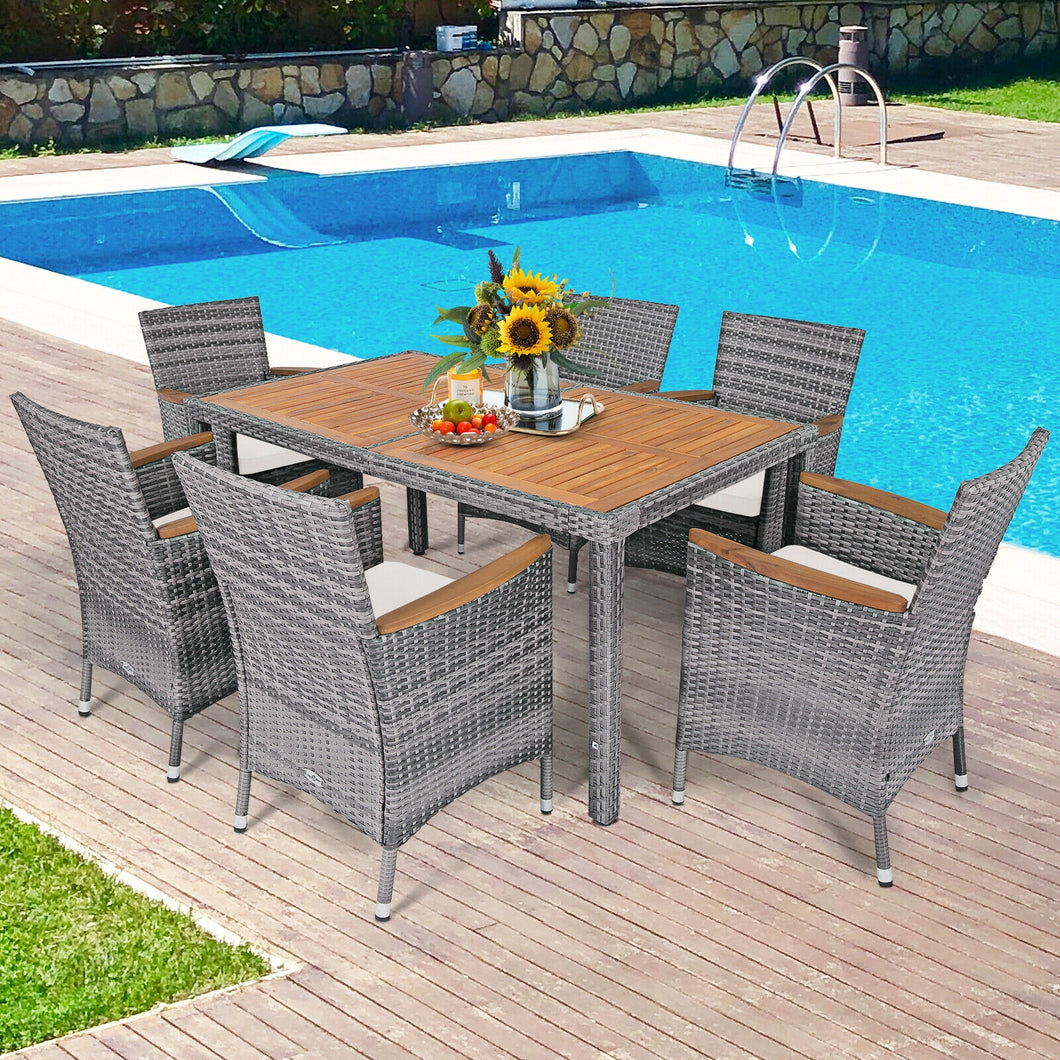 7 Pieces Patio Acacia Wood Cushioned PE Rattan Wicker Dining Set