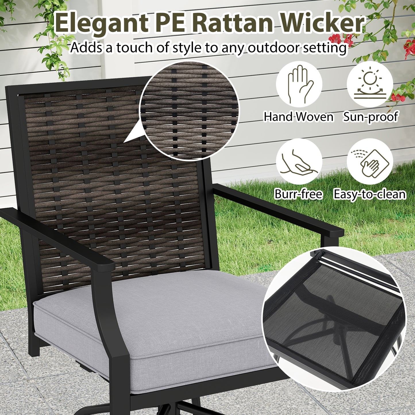 Outdoor PE Wicker Swivel Bar Stools Set of 2 Counter Height Patio Chairs with Back-Grey