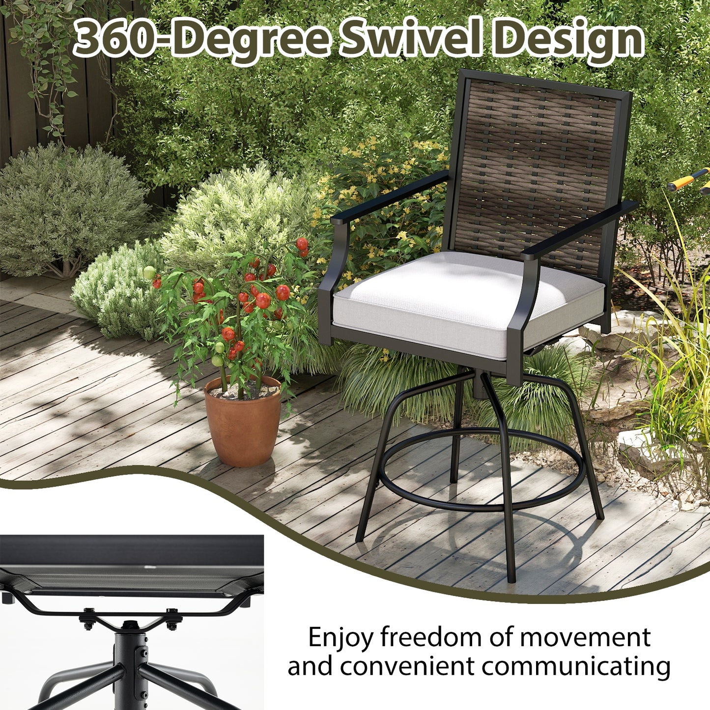 Outdoor PE Wicker Swivel Bar Stools Set of 2 Counter Height Patio Chairs with Back-Grey