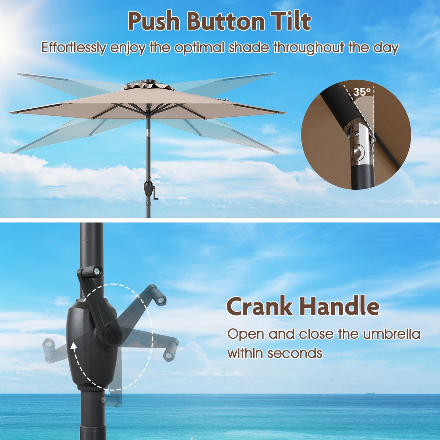 7.5 Feet Solar Powered Patio Umbrella with LED Lights and Crank Handle-Tan