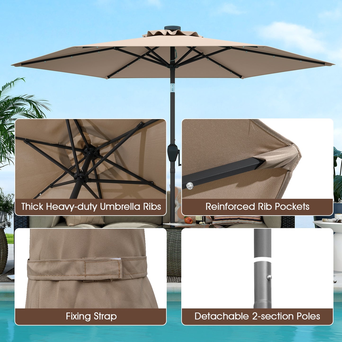 7.5 Feet Solar Powered Patio Umbrella with LED Lights and Crank Handle-Tan