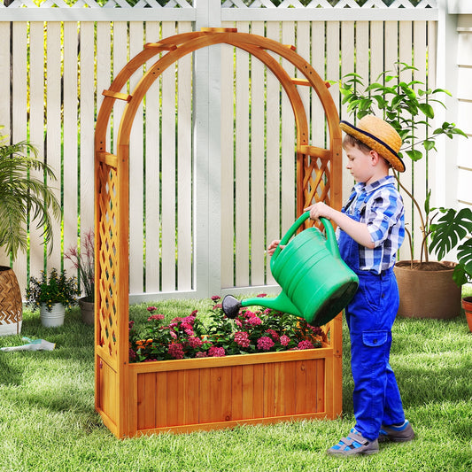 Raised Garden Bed with Lattice Trellis Ached Roof Wooden Elevated Planter Box-Brown