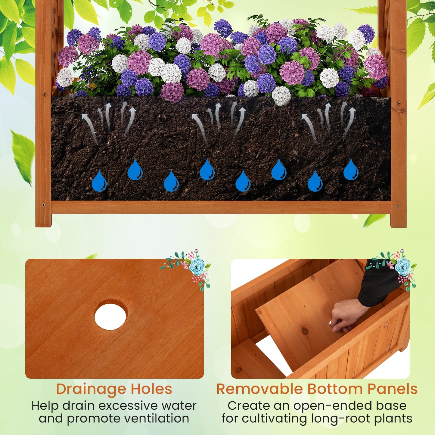 Raised Garden Bed with Lattice Trellis Ached Roof Wooden Elevated Planter Box-Brown
