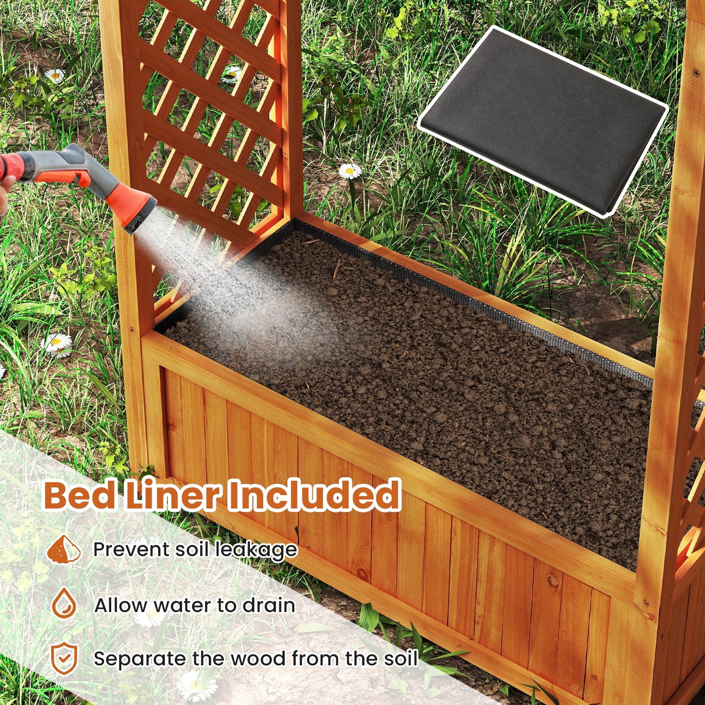 Raised Garden Bed with Lattice Trellis Ached Roof Wooden Elevated Planter Box-Brown