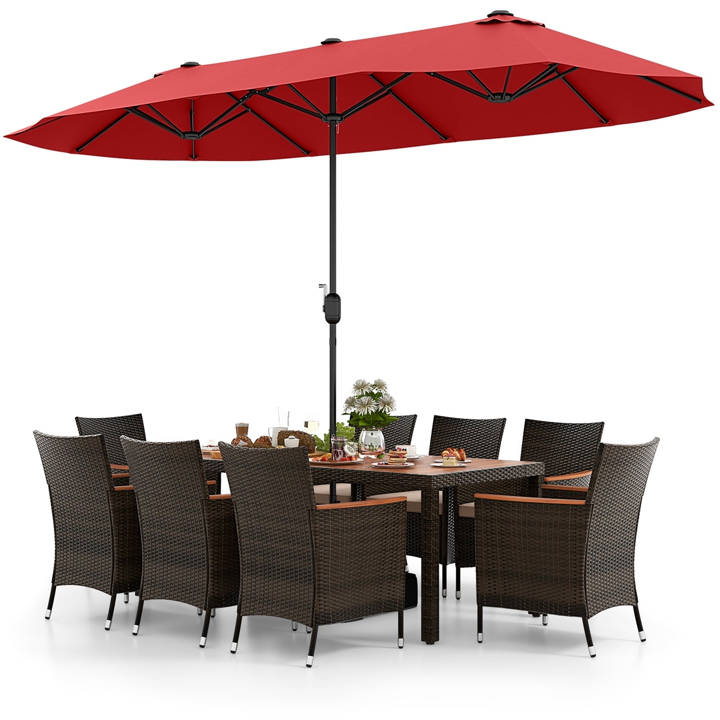 9 Piece Outdoor Dining Set with 15 Feet Double-Sided Twin Patio Umbrella-Red