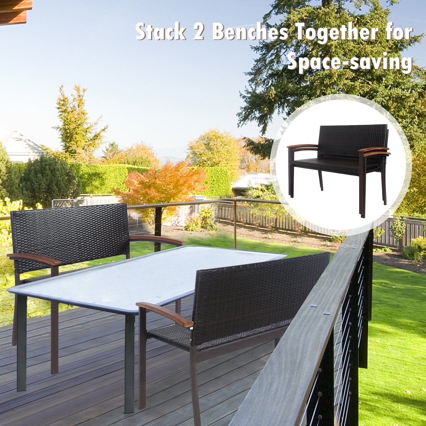 Patio Rattan Wicker Bench with Armrest for Garden