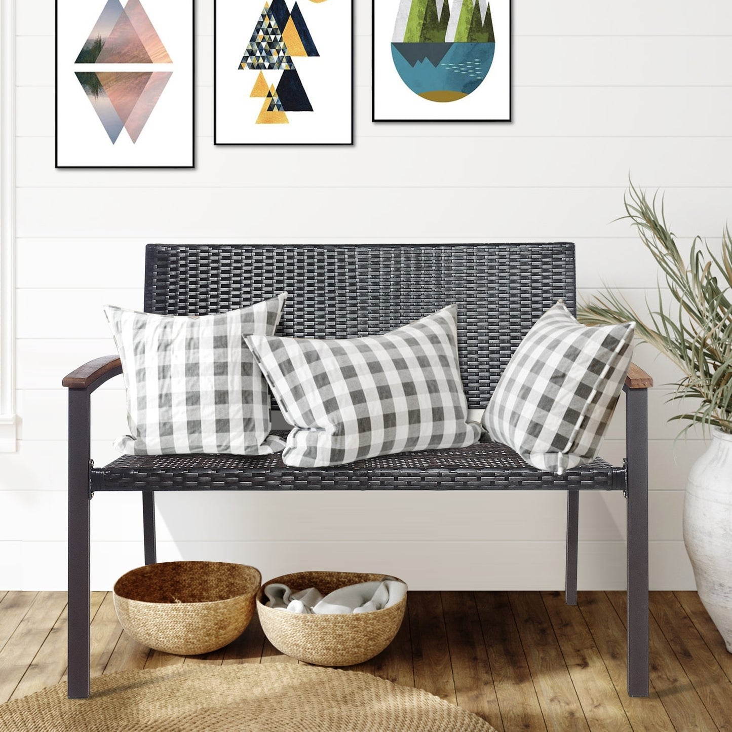 Patio Rattan Wicker Bench with Armrest for Garden