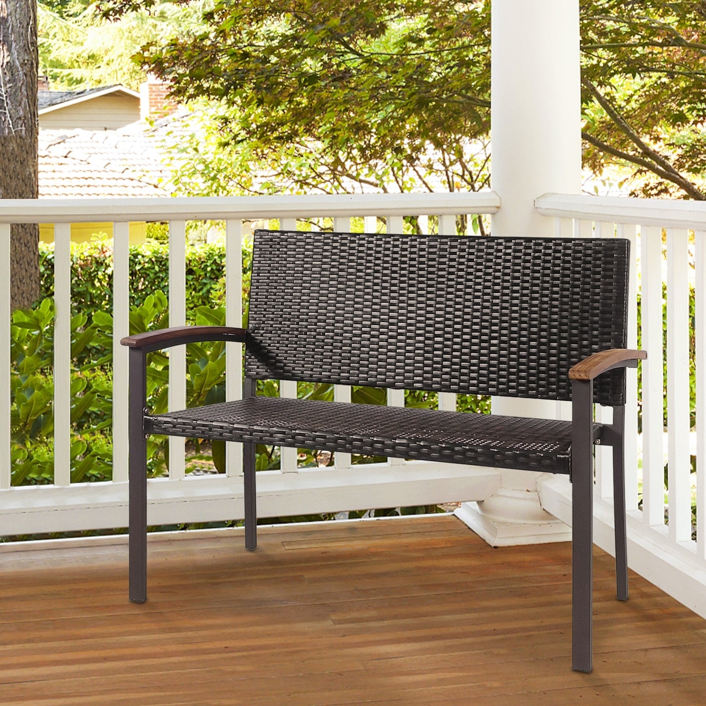 Patio Rattan Wicker Bench with Armrest for Garden