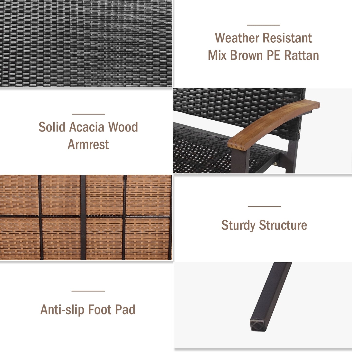 Patio Rattan Wicker Bench with Armrest for Garden