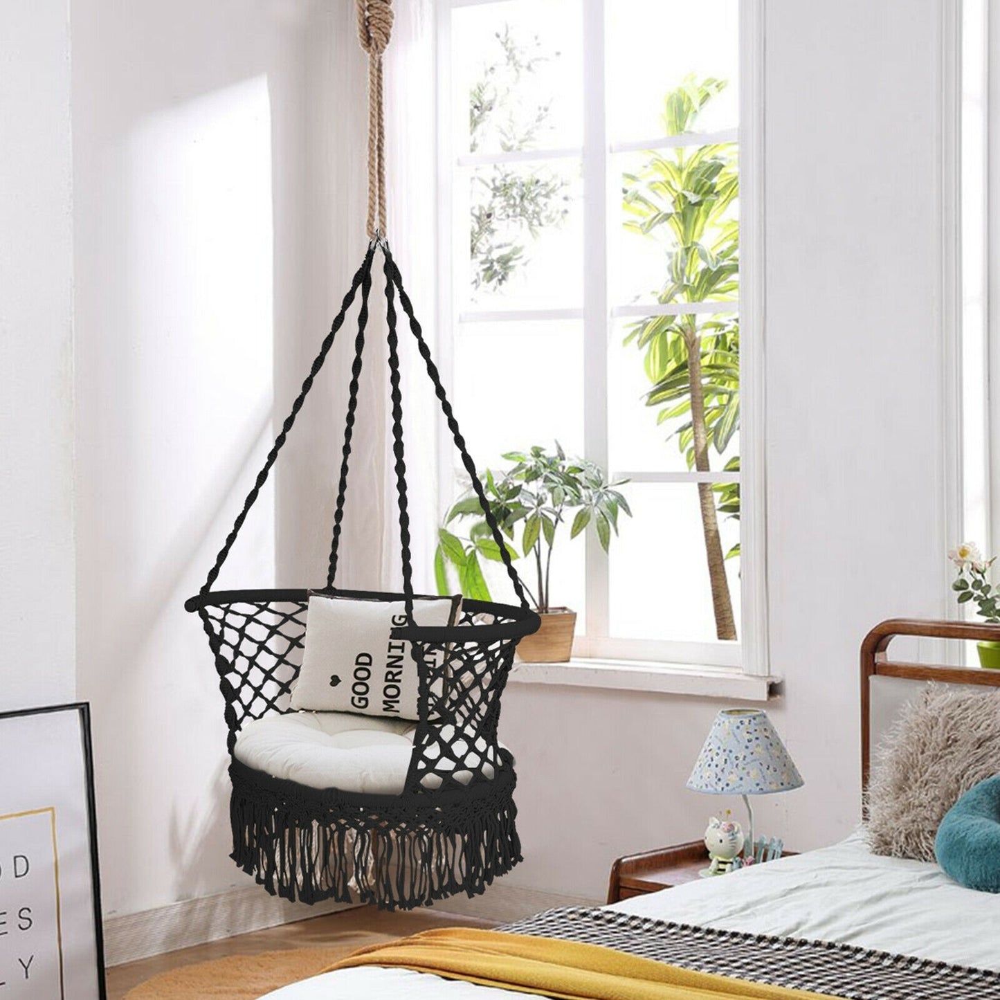 Hanging Hammock Chair Macrame Swing Hand Woven Cotton Backrest-Black