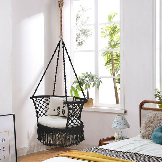 Hanging Hammock Chair Macrame Swing Hand Woven Cotton Backrest-Black