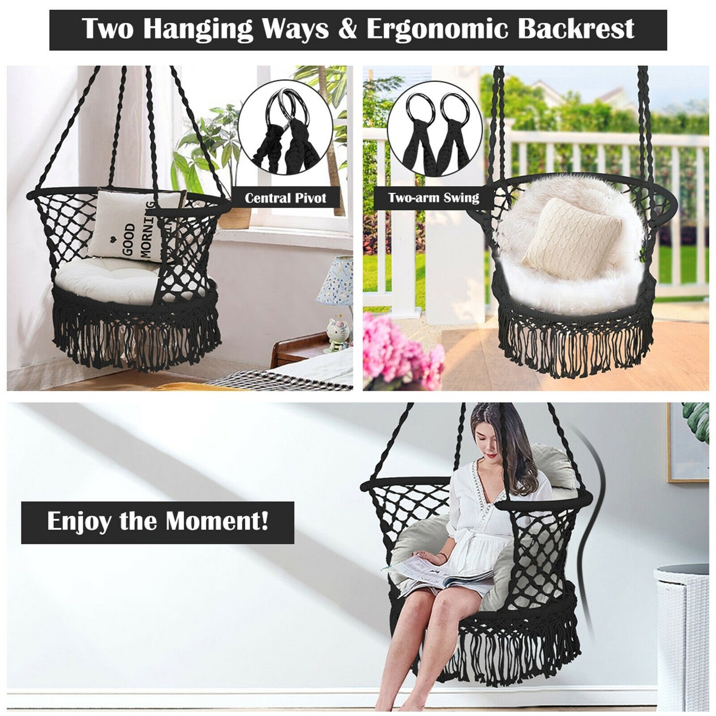 Hanging Hammock Chair Macrame Swing Hand Woven Cotton Backrest-Black