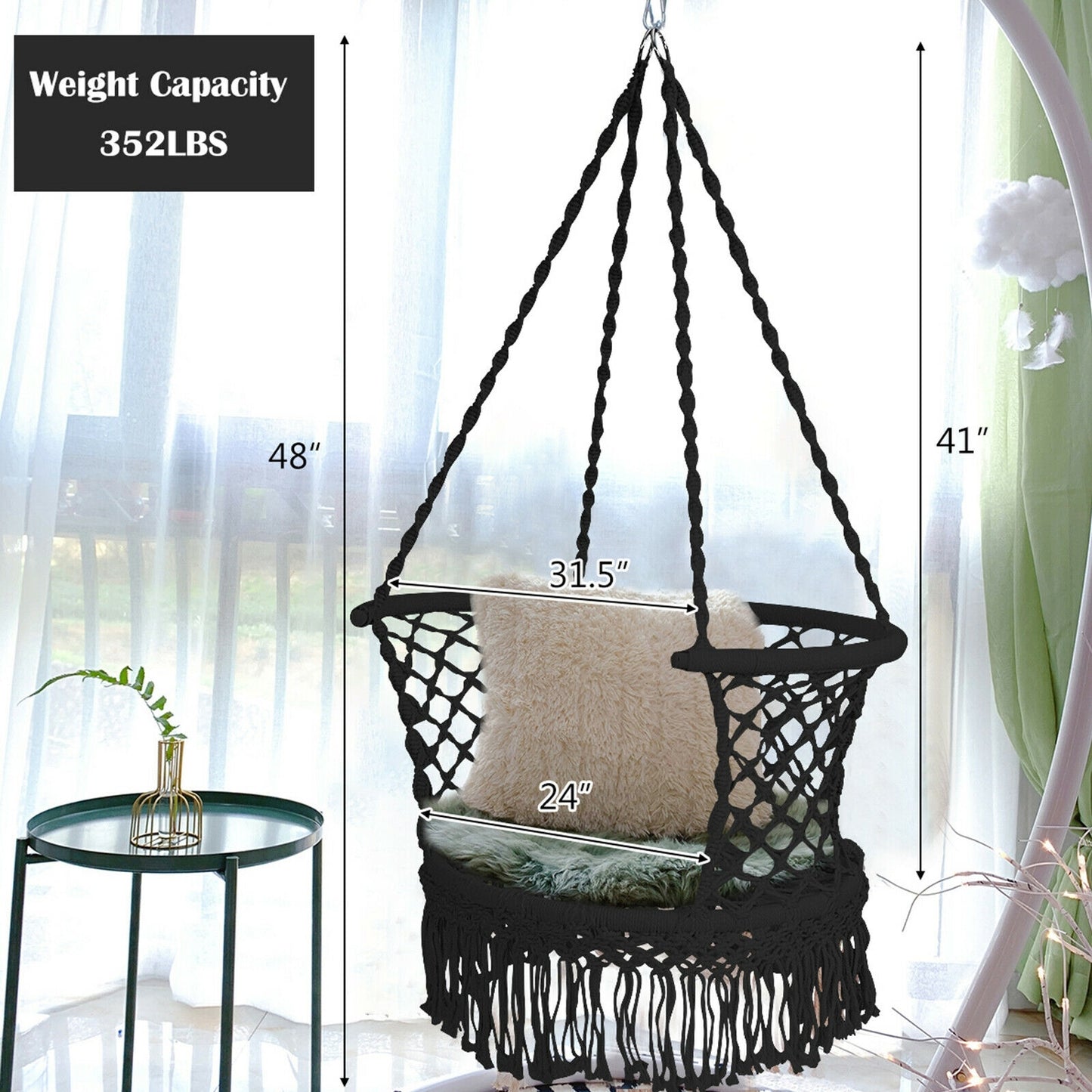 Hanging Hammock Chair Macrame Swing Hand Woven Cotton Backrest-Black